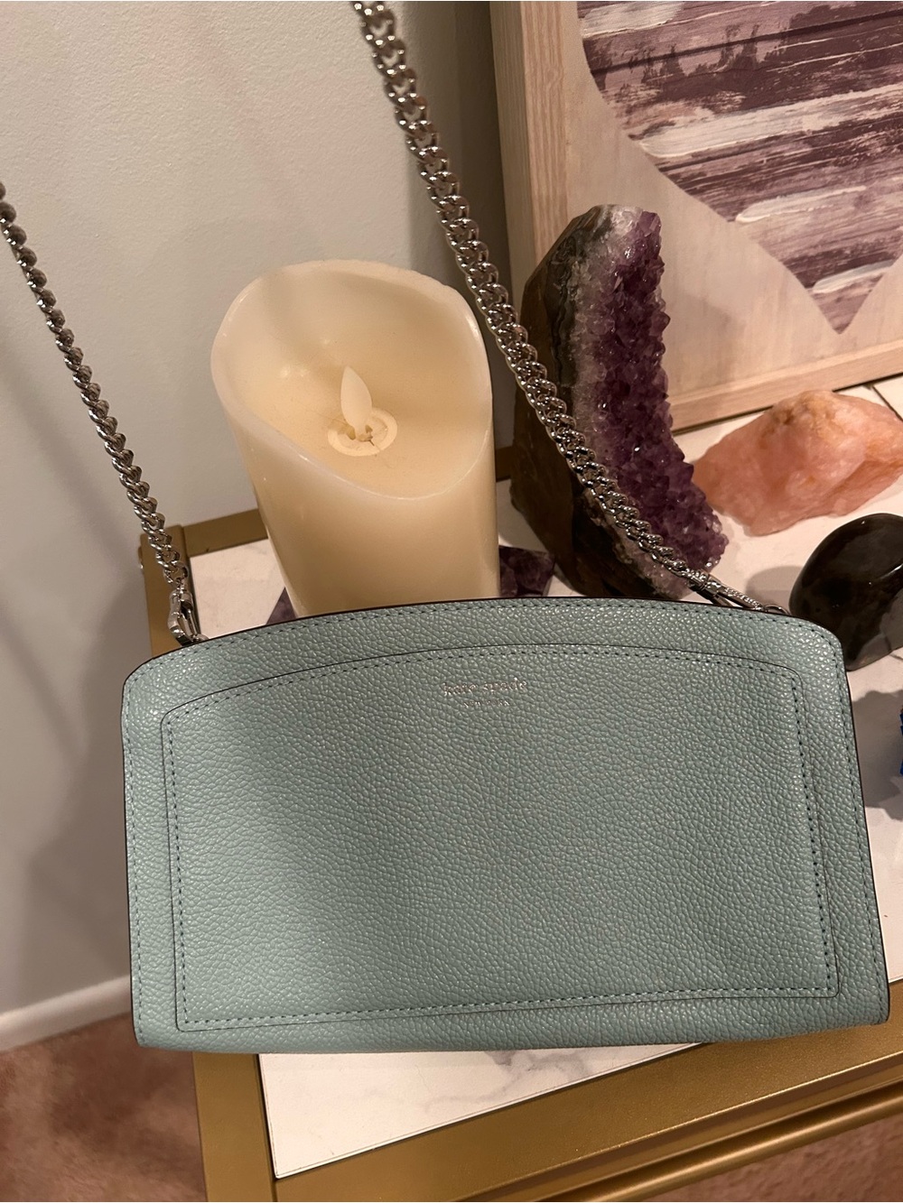 kate spade Mint Teal Pebbled Leather Chain Crossbody